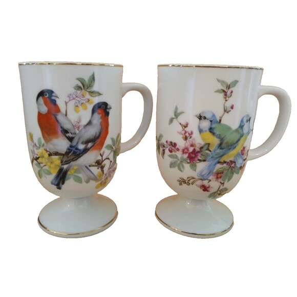 Fine Porcelain Birds Pedestal Mug Set 16 oz 4-Piece Made in Japan Vintage - Picture 2 of 16